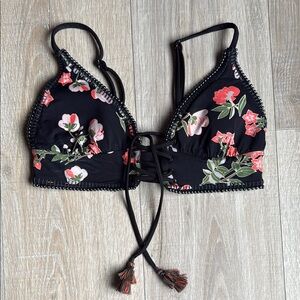Maaji Black Floral Lace-Up Bikini Top with Pink & Red Flowers